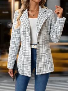 Solivie 秋冬黑白格纹修身女士西装外套冬季女士外套冬季女士服装冬季女士外套