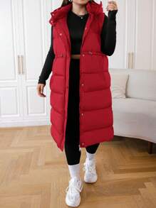 SHEIN EZwear Áo khoác vest mùa đông màu đen dài có mũ cỡ lớn - Đỏ - Xem 6