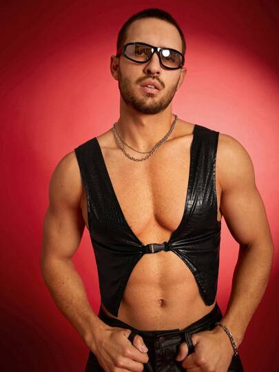 FeverCity Men's Sleeveless Minimalist PU Leather Loose Short Vest, Casual Everyday Wear Going Out Black Vest, For Friends, Husband, Boyfriend Gifts, For Fall Winter