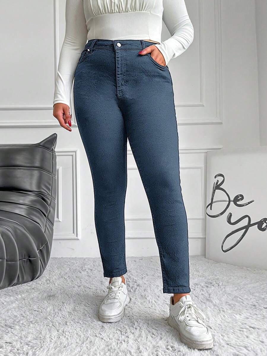 RueChic 98%Cotton Plus High Waist Skinny Jeans - Medium Wash - View 1