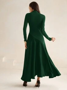 Anewsta Long Knit Splice Dress With Turtleneck And Wide Hem, Camel Color, Urban High-End - Green - View 2