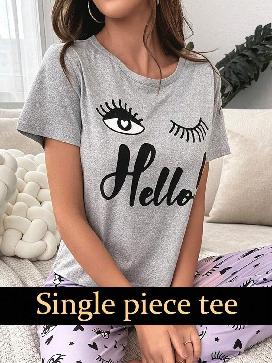 Eyelash & Letter Graphic Pajama Sleep Top - Light Grey - View 1