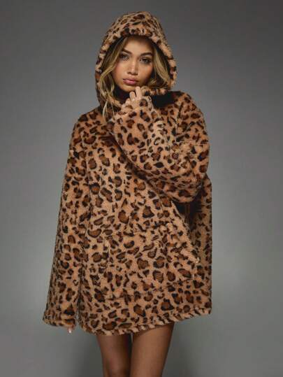 Leopard Print Fluffy Knit Hooded Robe Dress｜MISSGUIDED