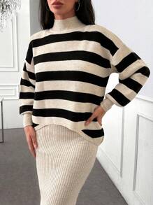 EURMUSE Women Stripe Pattern Mock Neck Drop Shoulder Pullover & Sweater Dress Set - Multicolor - View 5