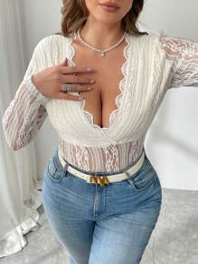 SHEIN Privé Plus Size Elegant Lace V-Neck Bodysuit, Slim Fit Long Sleeve For Autumn/Winter