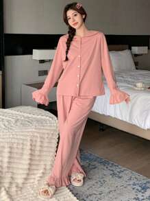 DAZY 2 件套女士纯色长袖单排扣翻领荷叶边上衣和裤子睡衣套装 - 藕粉色 - 查看 5