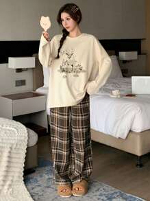DAZY Cute Deer Graphic Loose Top & Plaid Pajama Pants Two-Piece Loungewear Set