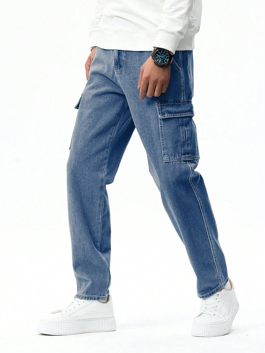 Manfinity Hypemode Men's Solid Color Zipper Pocket Casual Denim Cargo Jeans - Medium Wash - View 1