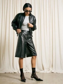 AiiRZ Textured Faux Leather Bermuda Shorts - Black - View 5