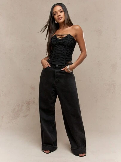 MISSGUIDED Corpetto con lacci e design a bretelle verticali, elegante per eventi serali, stile bustier senza spalline aderente, moda per uscite serali in discoteca