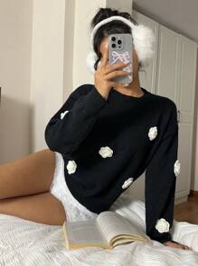 SHEIN Essnce Damen Lässig 3D Blumen Dekoration Pullover für Herbst/Winter, Schwarz-Weiß Pullover, Erntedankfest, Weihnachten, Herbst/Winter, Silvester