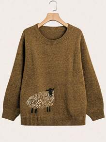 SHEIN LUNE Plus Size Colorful Embroidered Lamb Design Long Sleeve Pullover Sweater, For Winter - Coffee Brown - View 1