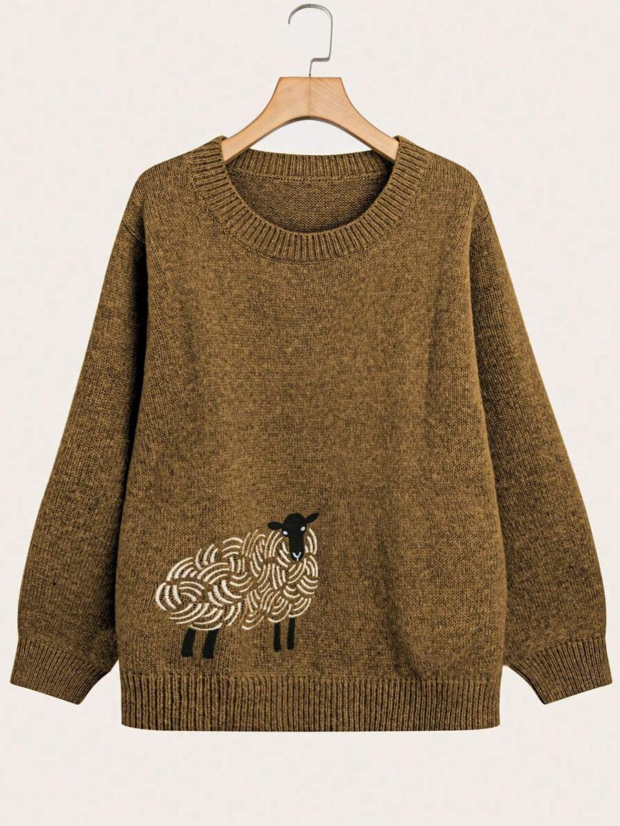 SHEIN LUNE Plus Size Colorful Embroidered Lamb Design Long Sleeve Pullover Sweater, For Winter - Coffee Brown - View 1