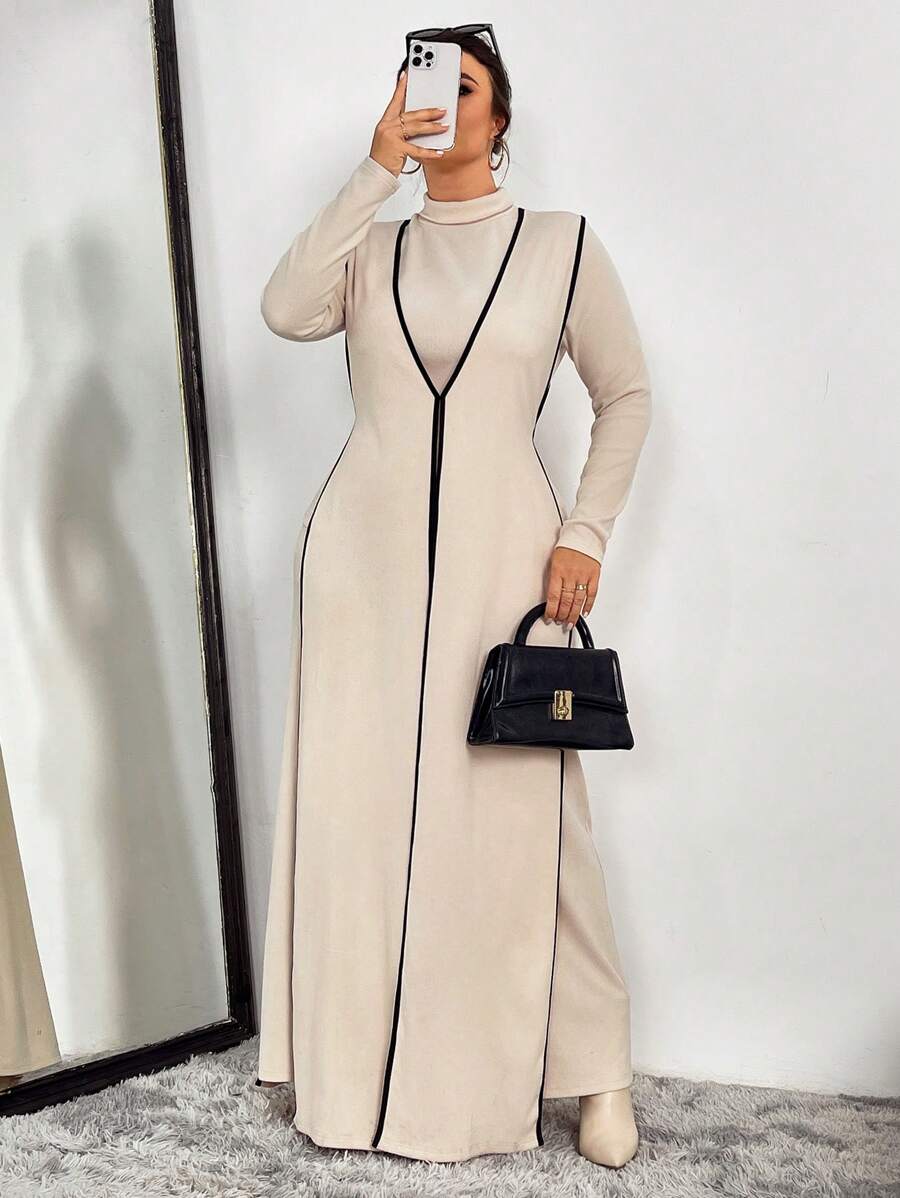 Calvaya Plus Size 3pcs Set: Cozy Ribbed Turtleneck Top & Colorblock Maxi Jacket & Wide-Leg Pants For Women, For Winter - Apricot - View 1