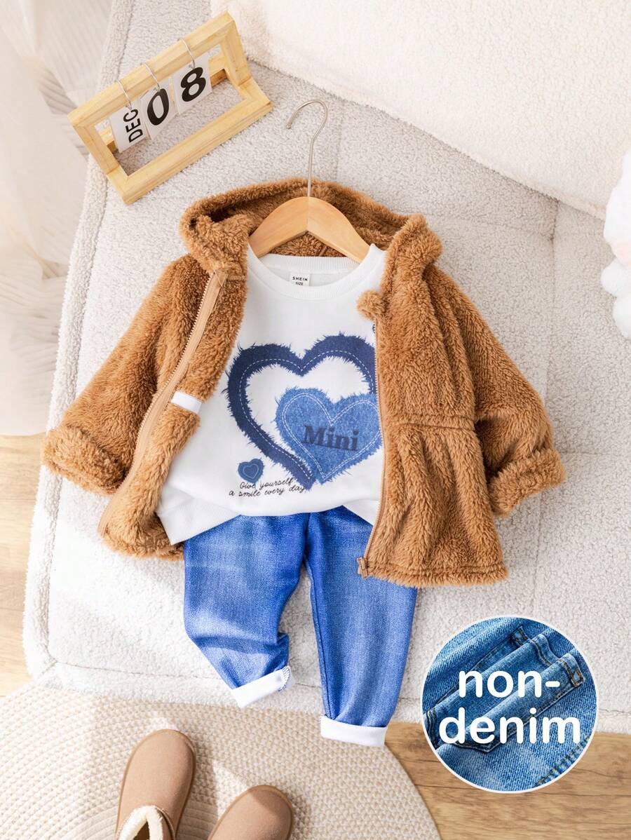 SHEIN 3Pcs Set Baby Girl Fluffy Hoodie, Knit Sweater And Pants For Autumn/Winter - Multicolor - View 1