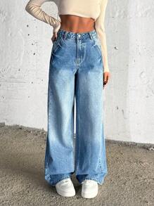 SHEIN Cottnline Hıgh Waist Wash Detailed Wideleg Jean - Medium Wash - View 5