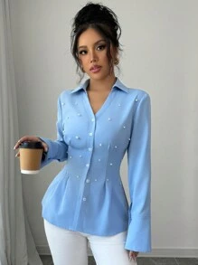 Chiquease Women's Blue V Neck Elegant Retro Collar Beads Pearl Decoration Dating Party Valentine's Day Wedding Waist Design Waist Slimming Original Design Office Women's Long Sleeve French Autumn And Winter Shirt