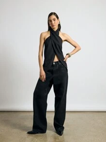 AiiRZ 交叉领口吊带背心优雅晚礼服修身背心露背纽扣细节精致派对婚礼宾客个性上衣 - 黑色 - 查看 5