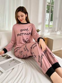 Heart & Letter Print Long Sleeve Pajama Set, Fall Winter Clothes Cozy And Elegant Details - Multicolor - View 5