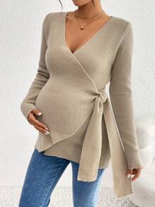SHEIN Jersey de manga larga con cierre envolvente y nudo a la cintura, de unicolor y estilo informal para mujeres embarazadas, para otoño/invierno, de maternidad