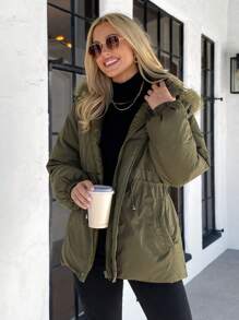 SHEIN LUNE Chaqueta casual de mujer con capucha con cordón, bolsillos, rellena de plumón y plumas, color verde del ejército, abrigada para el invierno - Verde militar - Ver 4