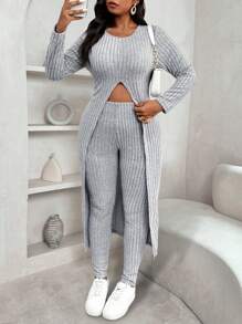 Calvaya Conjunto de 2 piezas de talla grande para mujer, camiseta larga y leggings con dobladillo dividido acanalado de unicolor, informal, para primavera y otoño