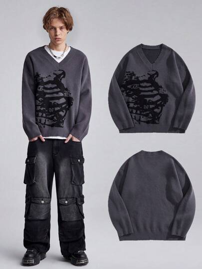 Grunge Punk Men's Casual Contrast Pattern V-Neck Distressed Sweater, Autumn/Winter