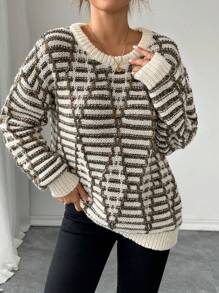 Chiquease Áo len nữ dệt kim phối họa tiết sọc, cổ tròn, tay dài, kiểu dáng thường ngày, thích hợp cho mùa thu đông. - Màu be - Xem 3