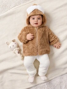 SHEIN Newborn Baby Girls Cute Versatile Warm Color-Blocking Furry Bow Hooded Jacket, Autumn/Winter - Khaki - View 3