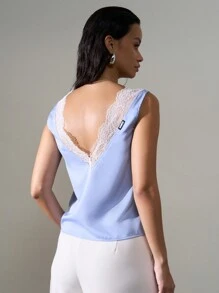 AiiRZ Satin V-Neck Sleeveless Top With Lace Details