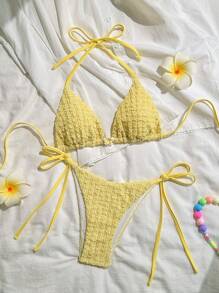 Swim Mod 2pcs/Set Textured Yellow Halter Neck Bikini Top & Tie Side Bikini Bottom Beach Swimwear For Women, Summer - Yellow - View 1