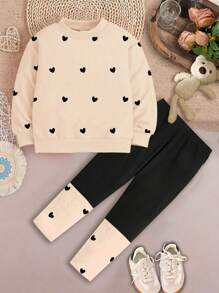 SHEIN 2pcs Young Girl Cute Minimalist Heart Pattern Beige Casual Crew Neck Long Sleeve Sweatshirt And Leggings Set, Suitable For Autumn/Winter