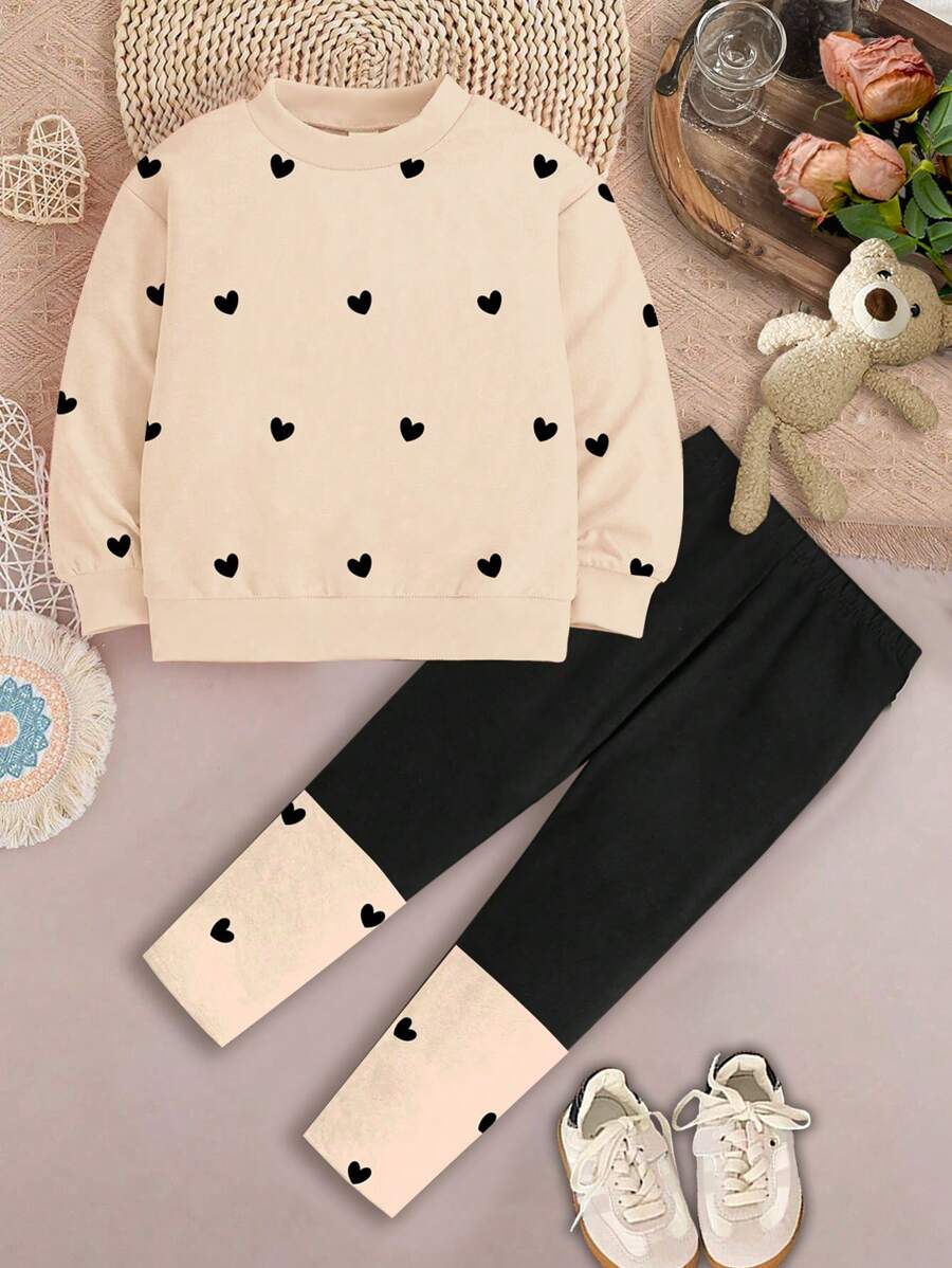 SHEIN 2pcs Young Girl Cute Minimalist Heart Pattern Beige Casual Crew Neck Long Sleeve Sweatshirt And Leggings Set, Suitable For Autumn/Winter