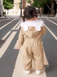 SHEIN Newborn Baby Girls Thermal Lined Hooded Jumpsuit, Contrast Color, Warm For Autumn/Winter