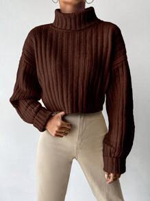 Women's Casual Solid High Neck Drop Shoulder Sweater, Suitable For Autumn/Winter