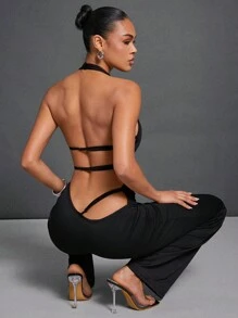 SHEIN Haute 1pc Women's Fashion Solid Color Backless Halter Jumpsuit, Summer - Black - View 1