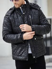 Manfinity Homme Chaqueta con cremallera y capucha con estampado de camuflaje texturizado en negro para hombre, con bolsillos con cordón, para otoño/invierno, ropa de hombre de otoño e invierno, abrigo de camuflaje