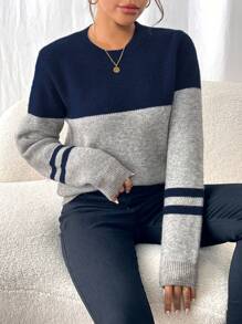 SHEIN LUNE European And American New Autumn/Winter Blogger Same Style Fashionable Colorblock Patchwork Round Neck Casual Pullover Sweater Knit Pullover Fall - Multicolor - View 7