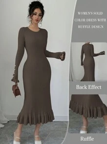 Chiquease Váy len dệt kim viền bèo nhún mặc thường ngày cho nữ, thanh lịch cho mùa thu đông - Cà phê nâu - Xem 1