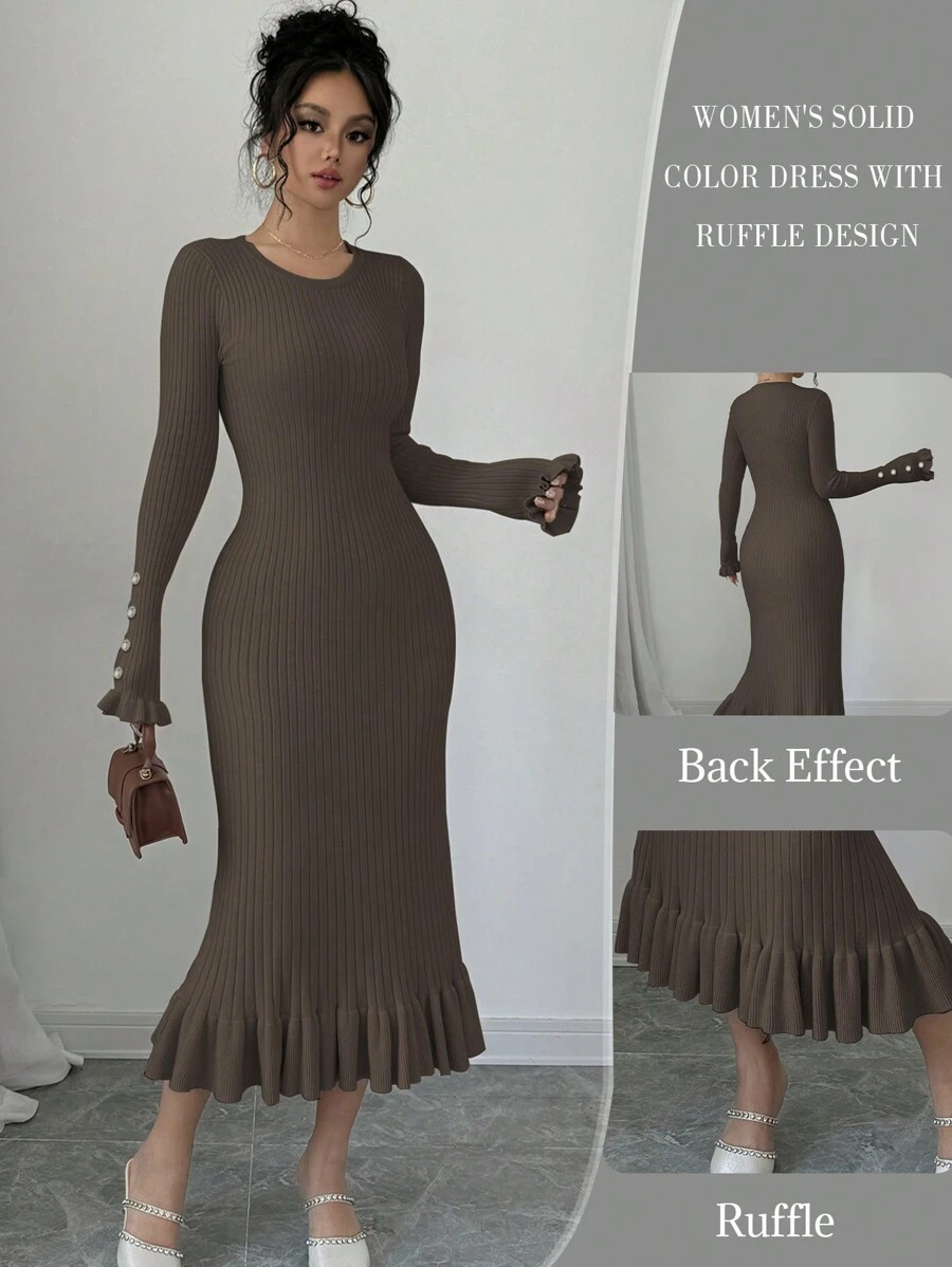 Chiquease Váy len dệt kim viền bèo nhún mặc thường ngày cho nữ, thanh lịch cho mùa thu đông - Cà phê nâu - Xem 1