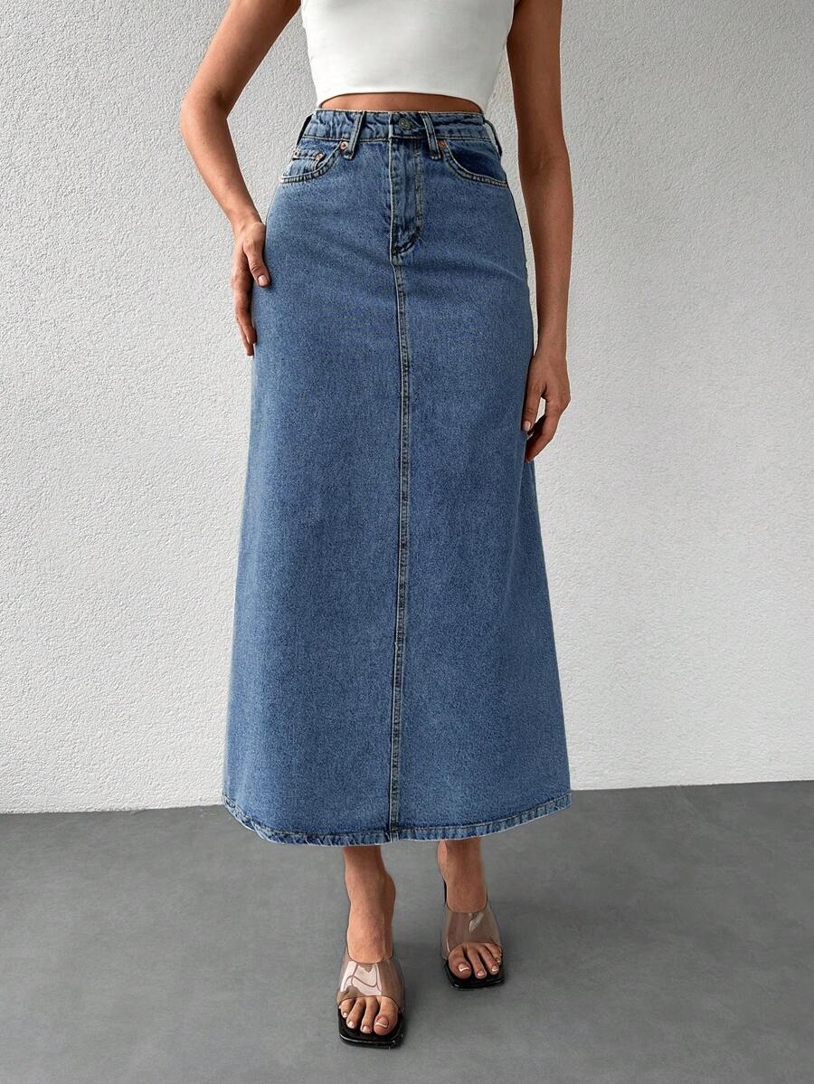 Letter Patched Denim Skirt - Light Wash - View 1