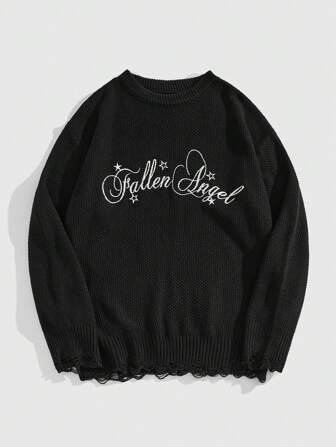 Street Life Jersey de cuello redondo de manga larga casual para hombre con eslogan bordado