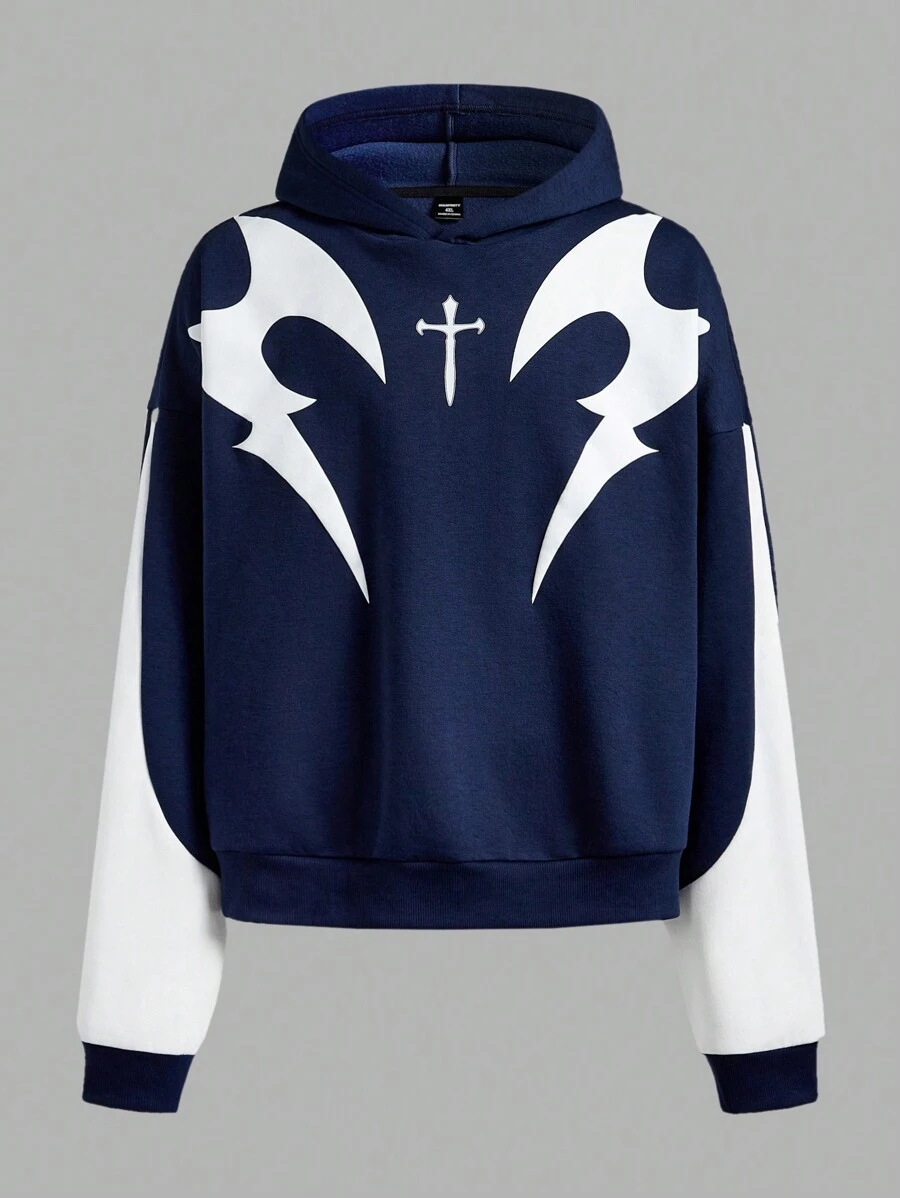 Manfinity VCAY Plus Size Men's Loose Fit Knit Printed Long Sleeve Hooded Sweatshirt, Autumn/Winter Going Out Street Wear Graphic Color Block Hoodie, For Friends, Husband, Boyfriend Gifts