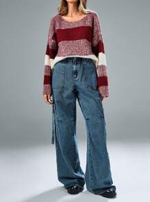 Aveloria GENKIRA Vintage Striped Relaxed Loose Soft Crew Neck Pullover Oversized Sweater Knit Pullover Fall Winter - Multicolor - View 4