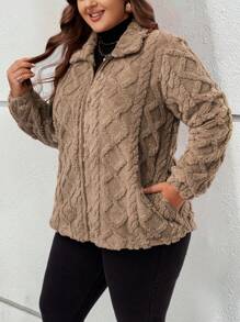 EMERY ROSE Plus Size Fuzzy Women's Winter Women Coat Teddy Coat Solid Color Fleece Turndown Collar Long Sleeve Fall Women Jackets Short Jacket, Autumn/Winter - Brown - View 4