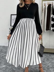 SHEIN Váy chắp vá sọc màu đơn giản cho bà bầu mùa thu - Đen và trắng - Xem 5