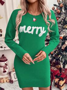 SHEIN LUNE 女式字母贴花圆领休闲长袖毛衣连衣裙 - 綠色 - 查看 3