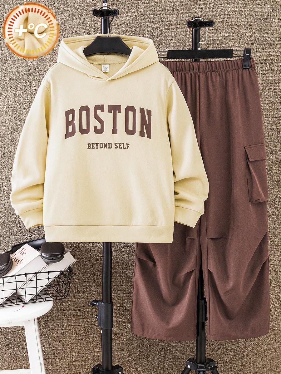 Tween Boy Solid Color Letter Graphic Hoodie And Cargo Pocket Pants 2 Pieces Casual Set - Khaki - View 1