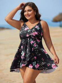 Swim Lushoire Plus Size Floral Print Tankini Set Summer - Multicolor - View 3