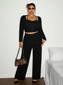SHEIN ICON 2pcs Plus Size Women Icon Print 2 In 1 Long Sleeve T-Shirt & Lace Splicing Pants Suit - Black - View 1